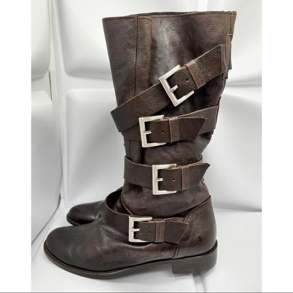 Rare LIMI Feu Feu Paris 34.5 Sz 5 Womens Brown Leather Buckle Stappy Boots Biker - Picture 3 of 11